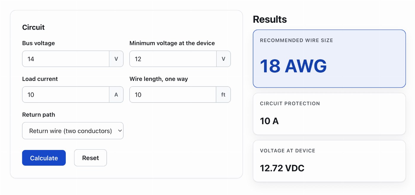 The wire size calculator: bus voltage, load current and run length in, 18 AWG out